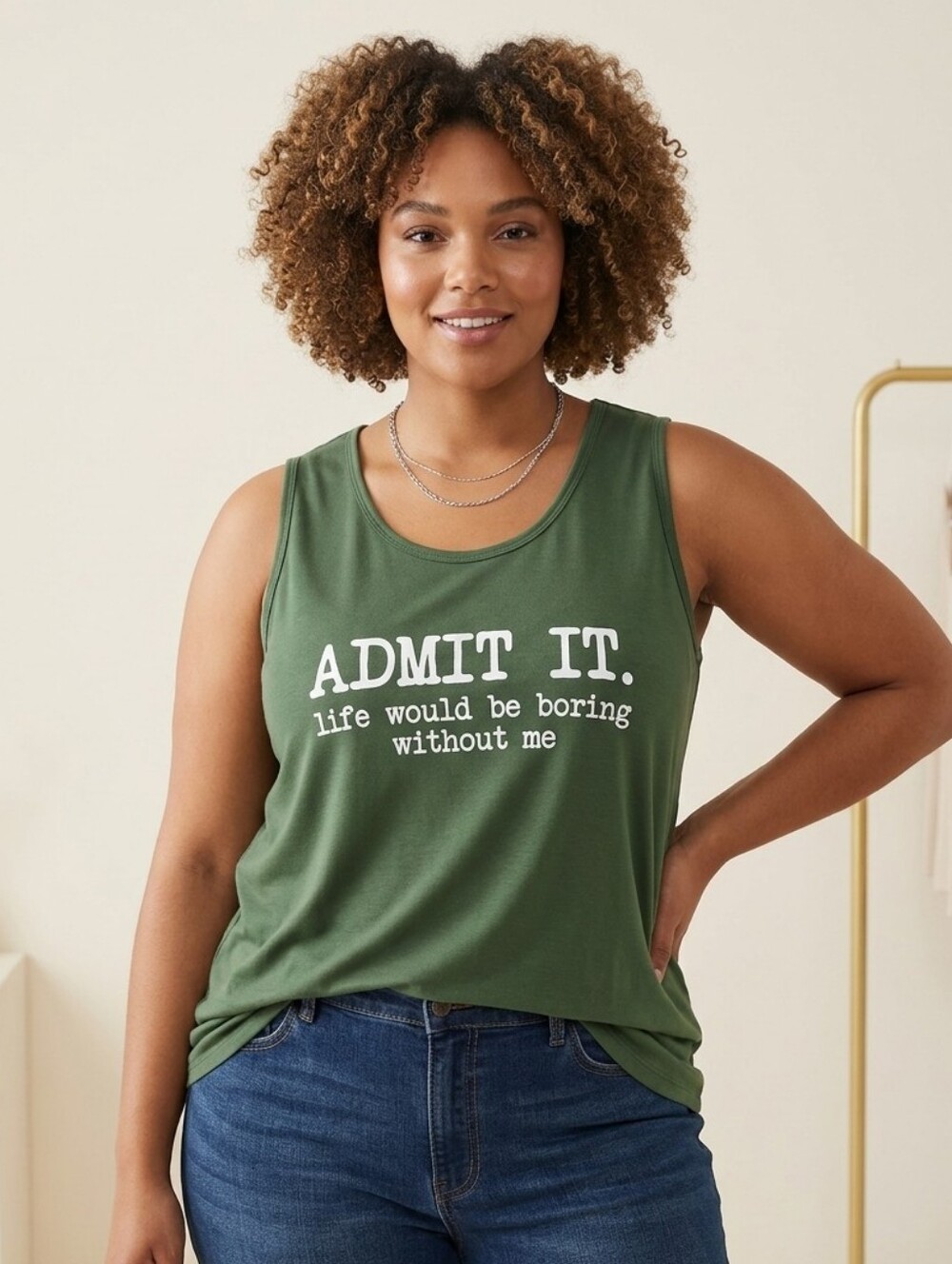 New Graphic Sleeveless Tank Top,"Admit It"  Army Green,Size 5X(Fit Small)
